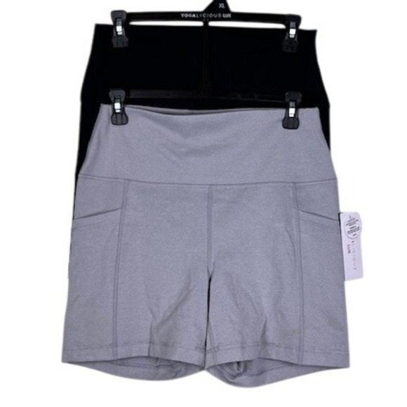 Yogalicious Lux Womens High Waist Biker Shorts 2 Pack Black Grey Size Medium - Picture 3 of 16